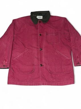 Vintage 80s 90s LL Bean Chore Coat Barn Jacket Red Canvas Plaid Flannel Lined